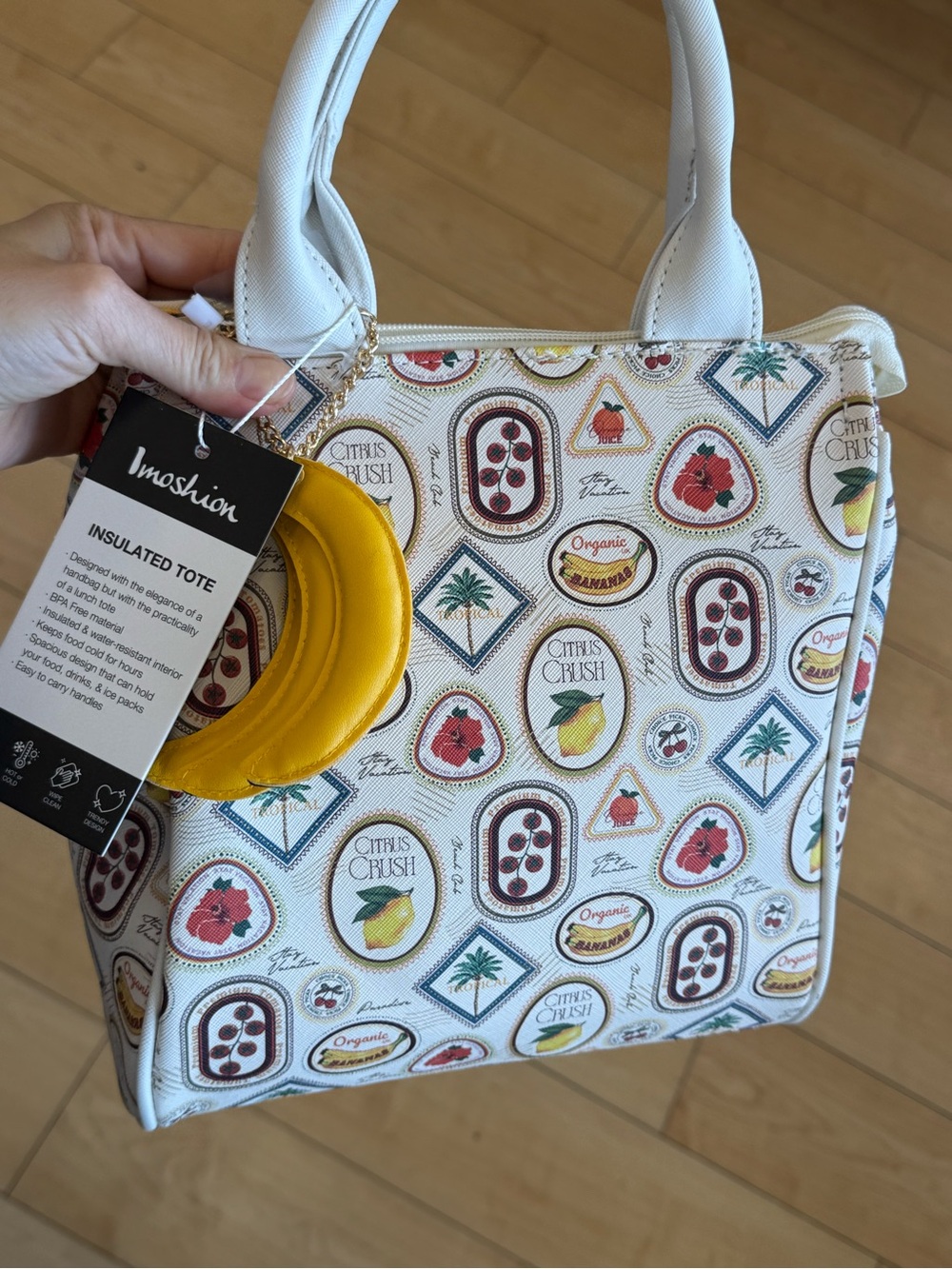Imoshion White Insulated Tote with Citrus Badge Print and Yellow Charm